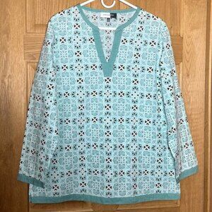 Jones Wear Geometric Print Split Neck 3/4 Sleeve 100% Cotton Tunic  Turquoise